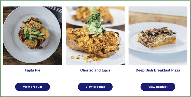 A picture of Ice Age Meals Fajita Pie, Chorizo and Eggs, and Deep Dish Breakfast Pizza