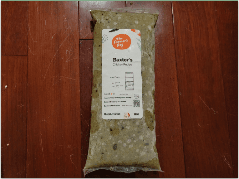 A pack of TFD chicken recipe personalized for our reviewers dog