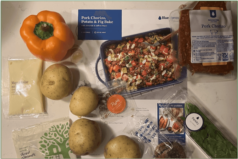 Photo of the ingredients and recipe card for Blue Apron's Pork Chorizo, Potato & Fig Bake meal kit recipe