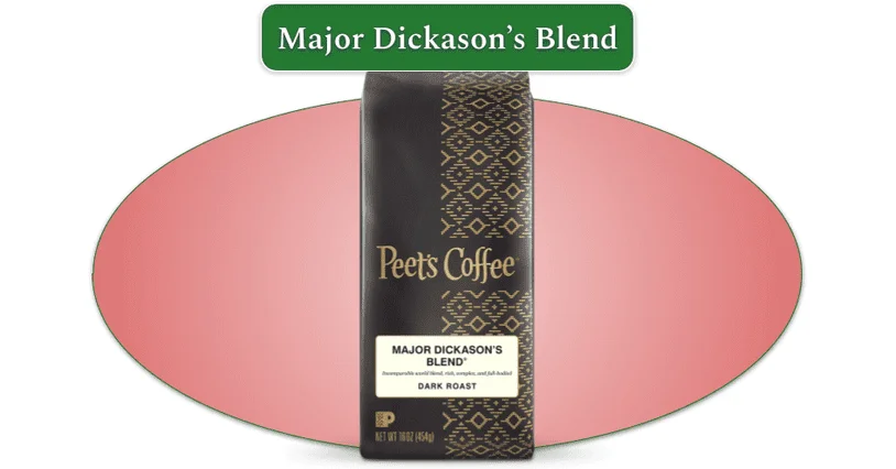 Major Dickason's Blend in black packaging with a pink oval background