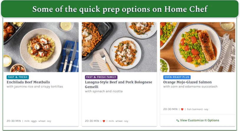 Screenshot of 3 dishes on the Home Chef menu that are ready in 20-30 minutes