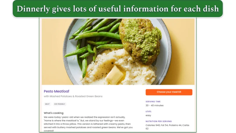 image of a dinnerly meal from the main menu with serving time, difficulty rating, and nutritional facts