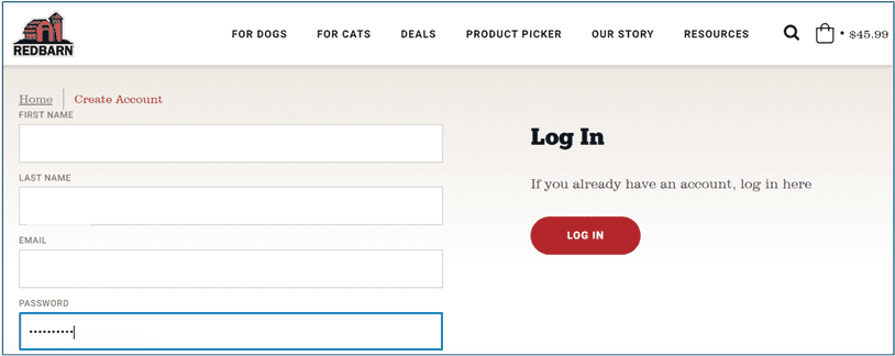 The Signup page on the Redbarn site