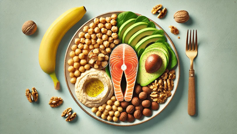A plate filled with healthy foods like hummus, avocado, and salmon