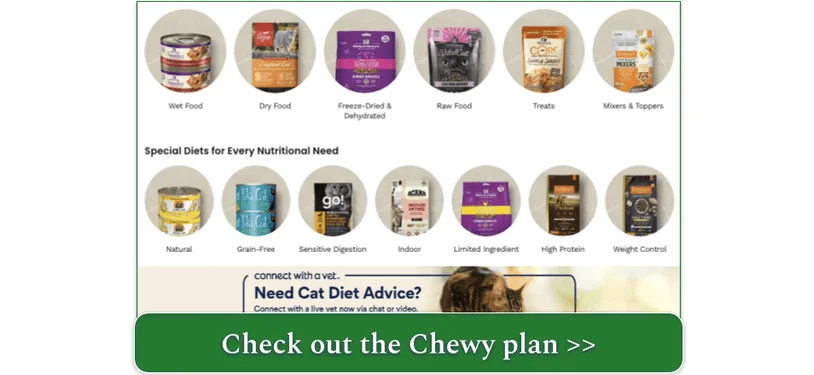 Screenshot of Chewy's types of cat food