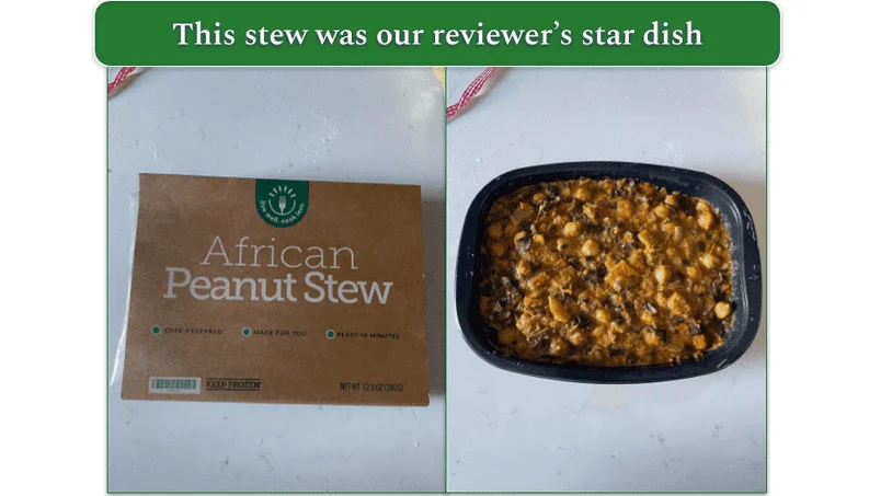 African Peanut Stew cardboard sleeve with the stew in a microwaveable container side by side