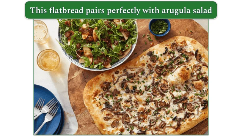 The Mushroom & Onion White Pizza with Hot Honey & Arugula Salad from Blue Apron.