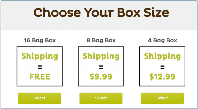 Raised Right has 3 box sizes - 16, 8, or 4 bags. Shipping is free for the largest box, $9.99 for medium, and $12.99 for small