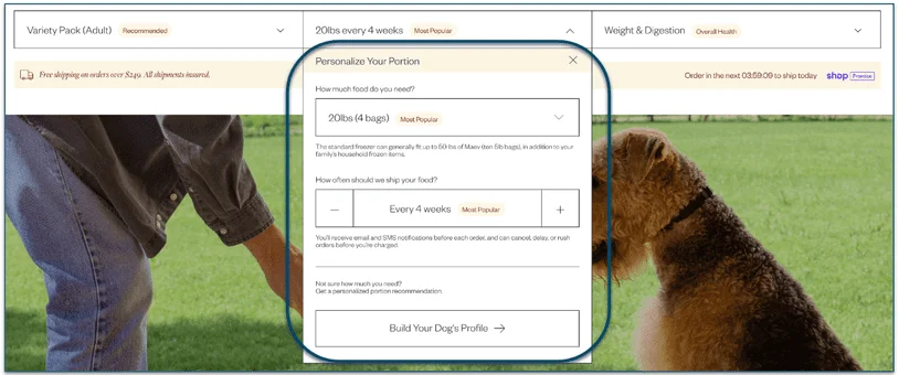 Screenshot of Maev's Personalize Your Portion options