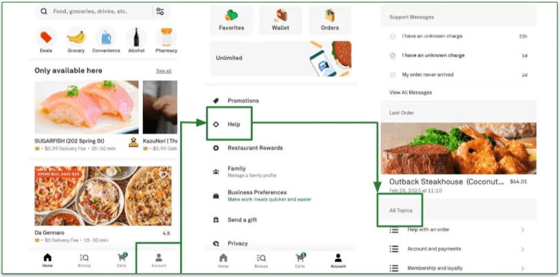 screenshots of accessing Postmates' FAQ in the app