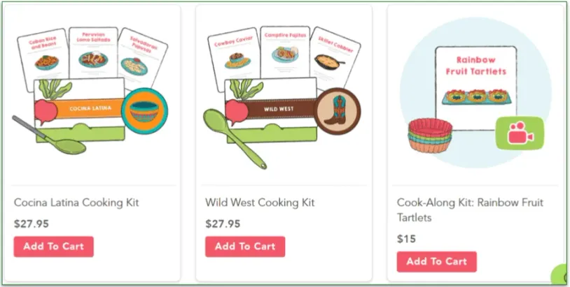 Three of dozens of Raddish Kids' single kits