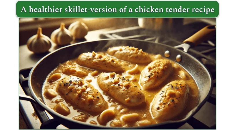 Chicken tenderloins in a skillet with a buttery garlic sauce