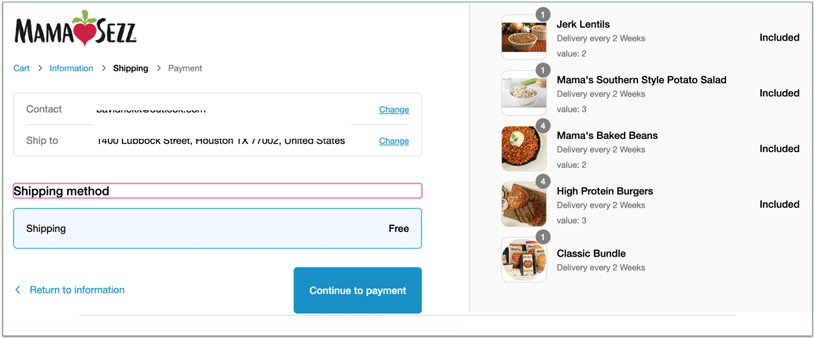 MamaSezz's shipping page displaying its cutoff time on Sundays at 8 pm