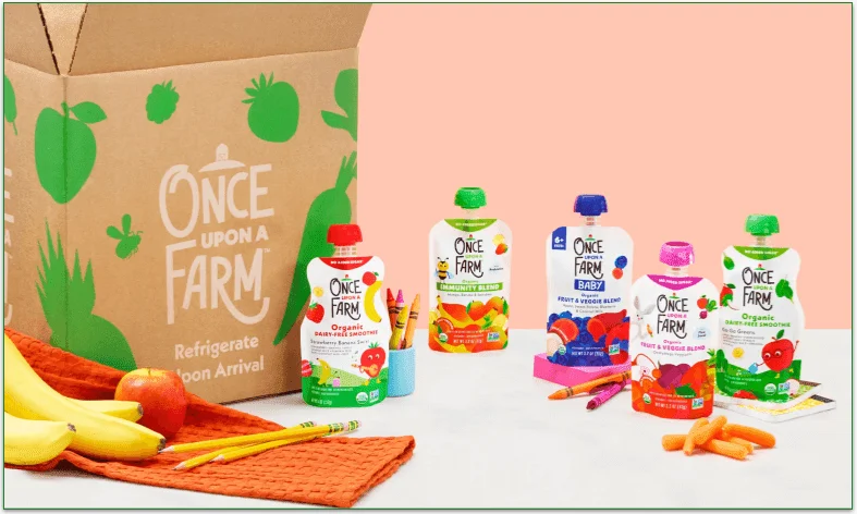 A Once Upon a Farm delivery box with pouches