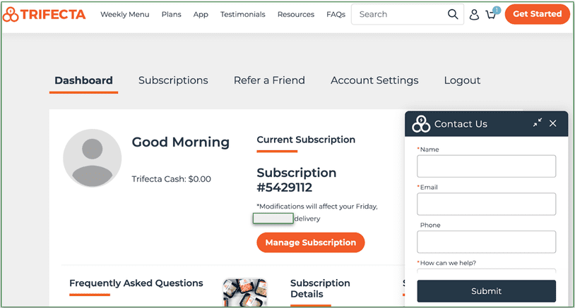 Trifecta's chat window in the account dashboard
