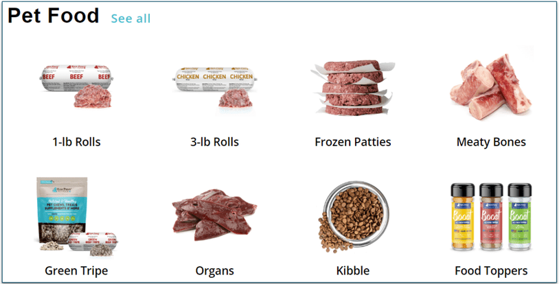Some of Raw Paws Pet Food's meal types