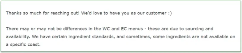 email response from Thistle customer service agent