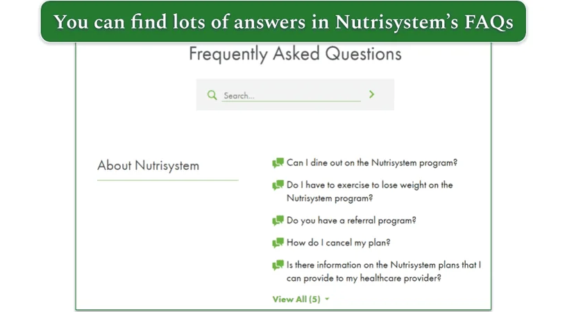 Screenshot of Nutrisystem's FAQ page