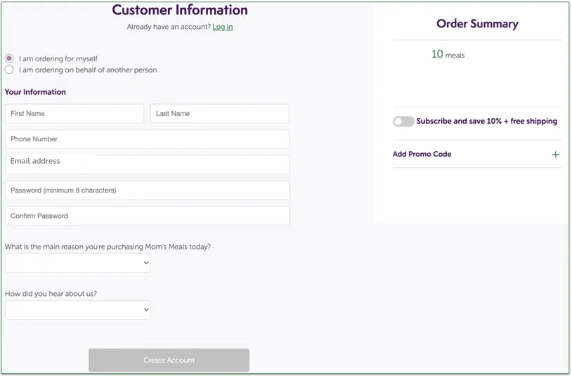 a screenshot of mom's meals' checkout screen