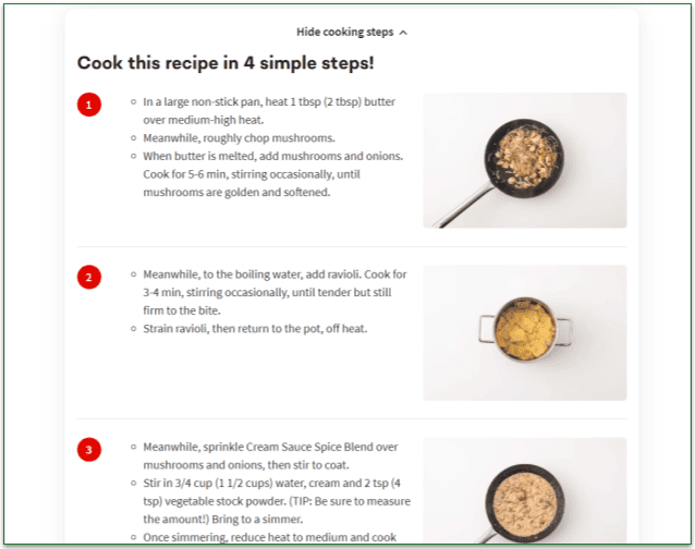 Recipe steps for a dish on Chefs Plate