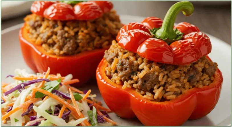 A plate of stuffed red peppers alongside some homemade coleslaw.