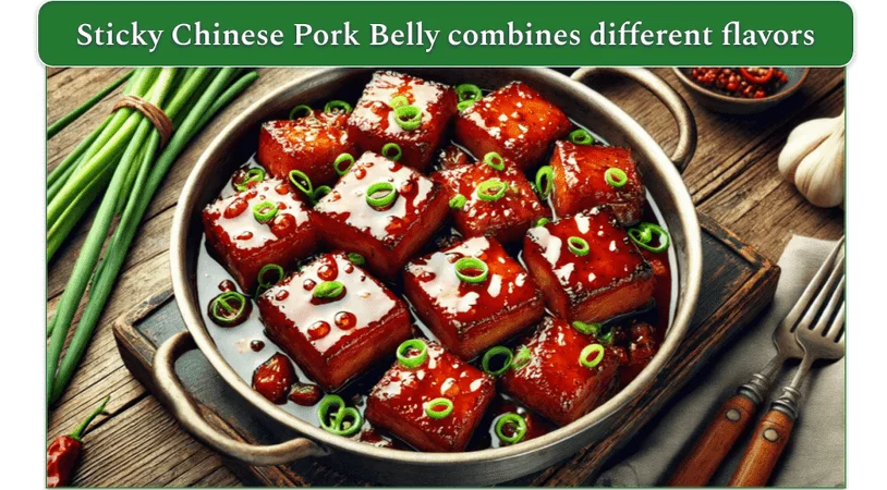 Sticky Chinese Pork Belly in a metal pot, garnished with scallions