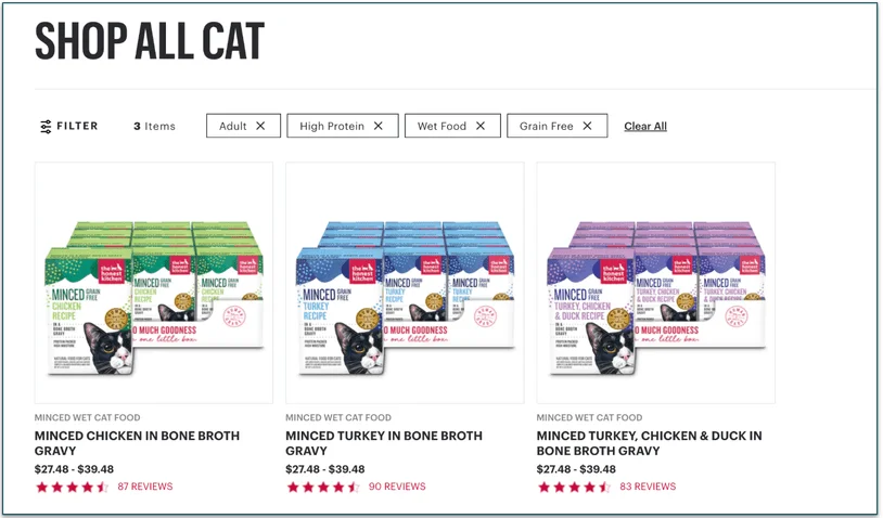 The Honest Kitchen menu with 4 filters applied and 3 products showing