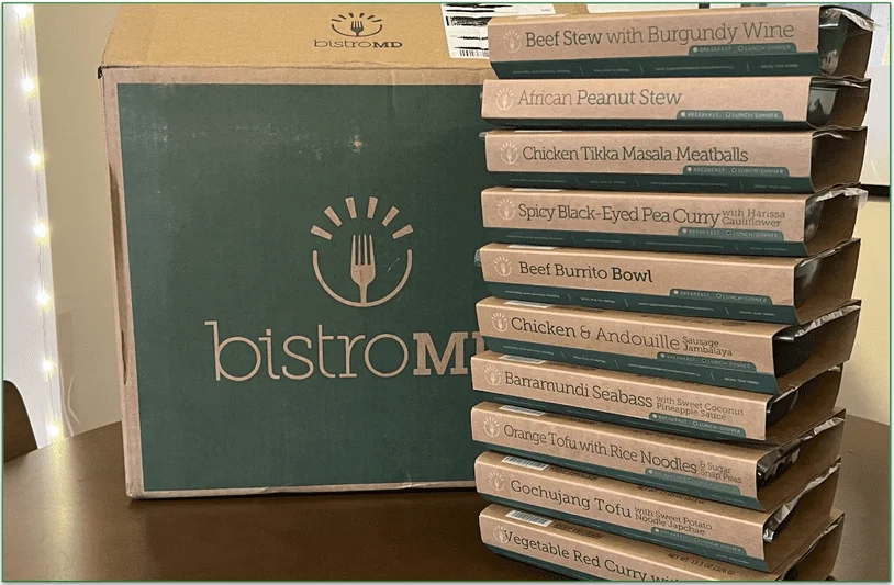 BistroMD box and stack of meals next to it