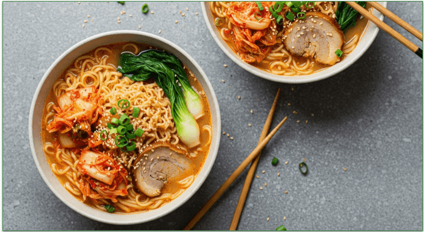 Spicy kimchi ramen bowls with tender pork, noodles, and flavorful broth.