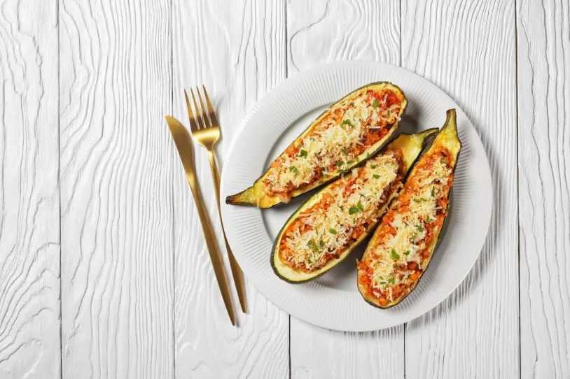 <span>Zucchini boats stuffed with ground beef and topped with cheese</span><br>
