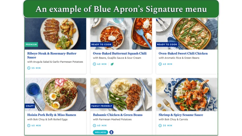 screengrab of Blue Apron's Signature menu