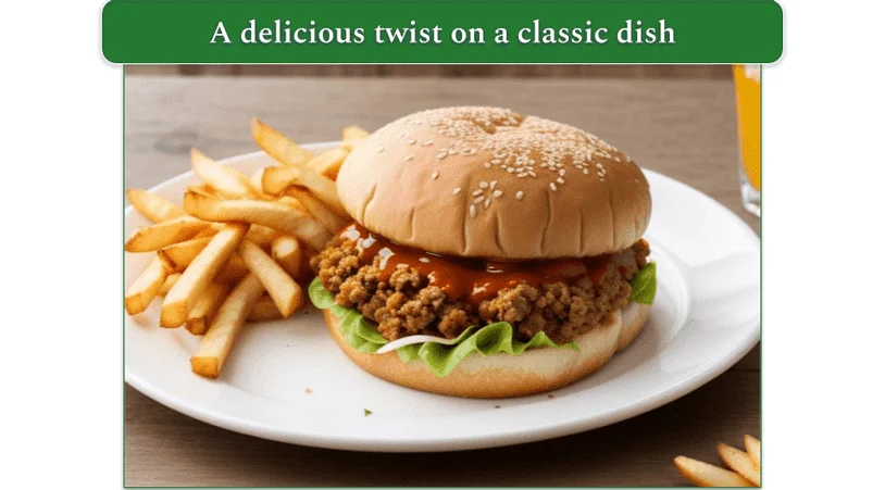 Sloppy joe in a hamburger bun served with fries