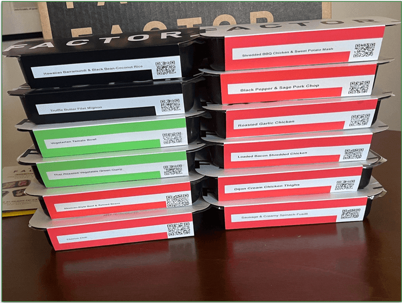 Ten packaged prepared meals from Factor