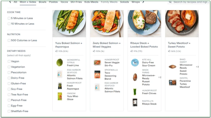 Hungryroot's menu with dietary need filters