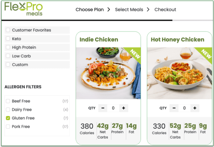 a screenshot of flexpro meals' menu filters