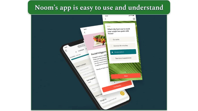 Noom's mobile app screens and a mobile