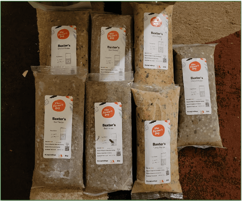 The Farmer’s Dog packaged meals labeled with Baxter’s name