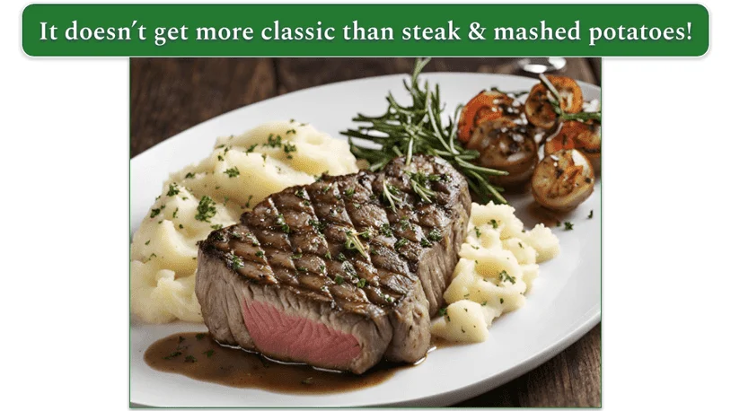 a piece of striploin steak over a bed of creamy mashed potatoes