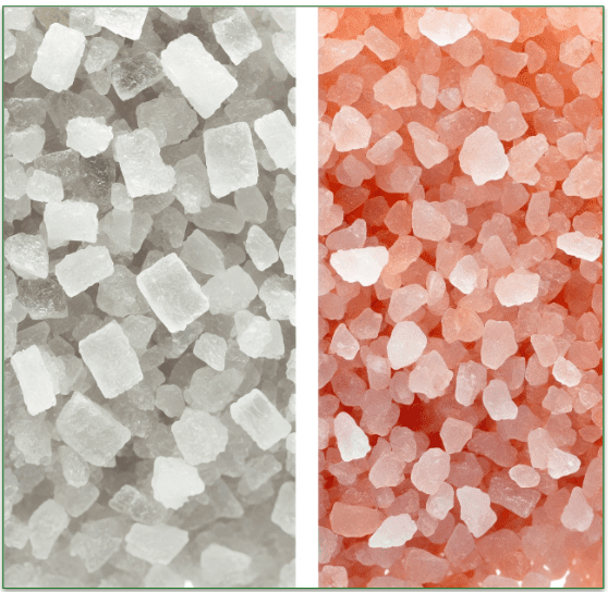 An image comparing greyish Celtic Sea salt and pink Himalayan salt.
