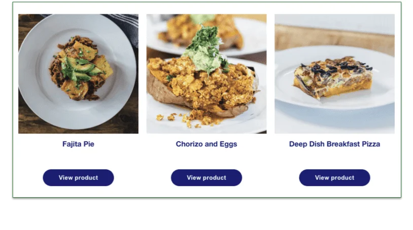 A picture of Ice Age Meals Fajita Pie, Chorizo and Eggs, and Deep Dish Breakfast Pizza