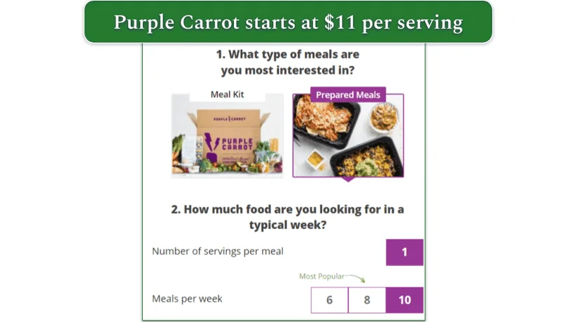 Image of Purple Carrot's prepared meal signup page