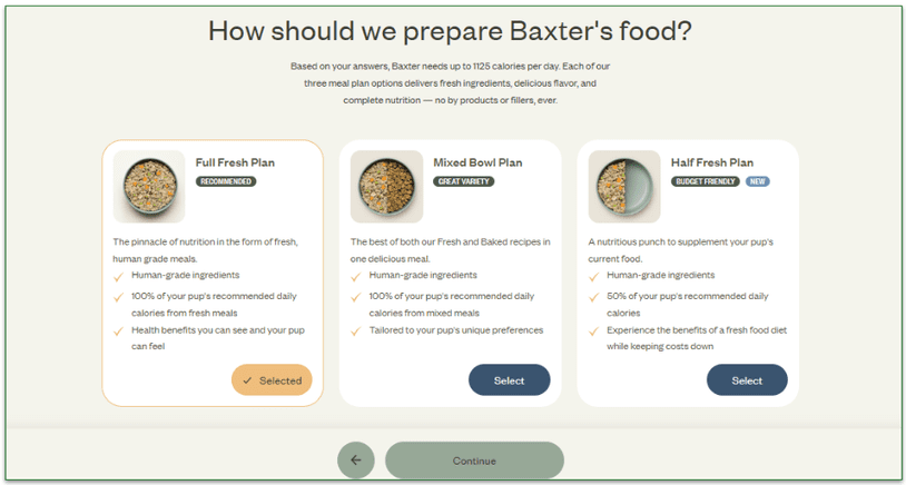 Screenshot of the 3 available plans from Ollie