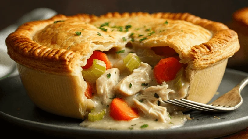 a chicken pot pie on a plate with a fork