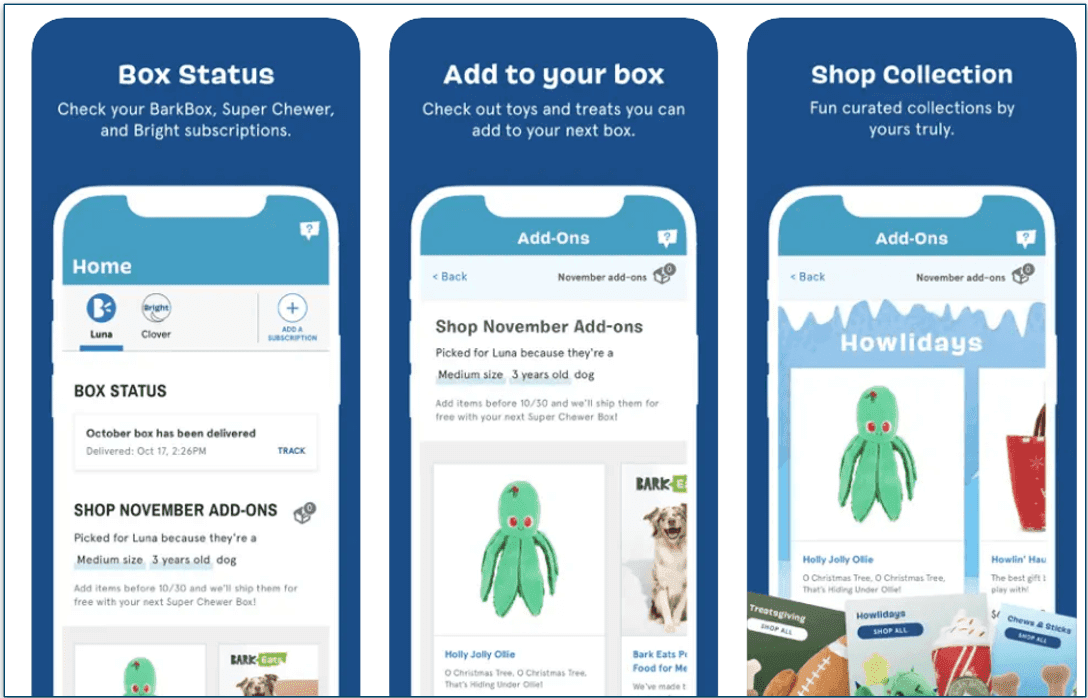 Screenshots of BarkBox's app screens