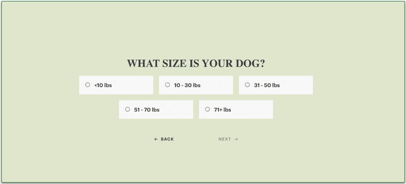Screenshot of The Honest Kitchen’s quiz screen What Size is Your Dog