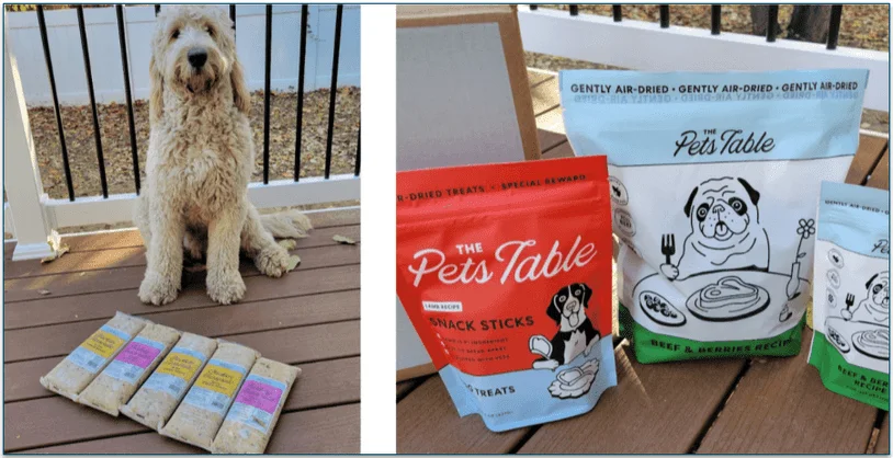 Baxter, the Goldendoodle sitting next to fresh meal packs and the treats and air-dried food packaging