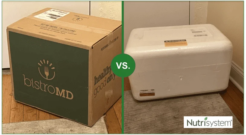 Comparison image of BistroMD's cardboard delivery box and Nutrisystem's styrofoam delivery container which has no branding.