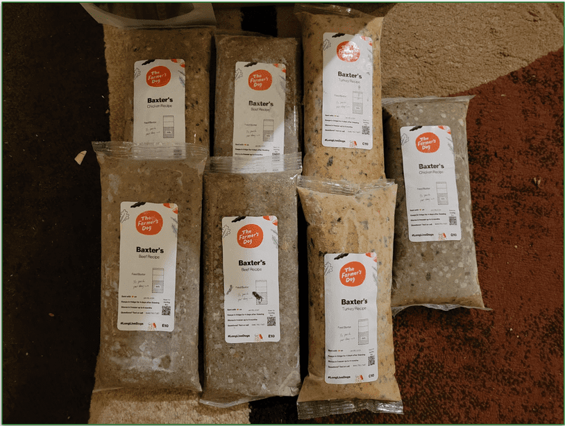 The Farmer’s Dog packaged meals labeled with Baxter’s name