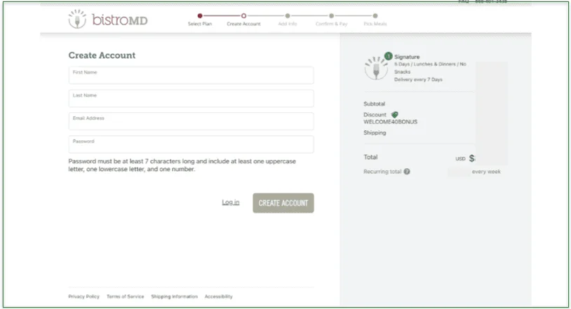 Screenshot of BistroMD's Create Account page