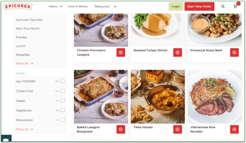 Screenshot of 6 dishes on Epicured's menu